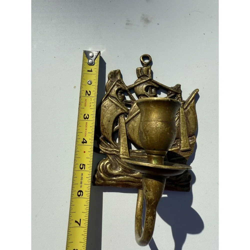 Vintage Brass Hanging Ship‎ Plaque Candle Holder Nautical